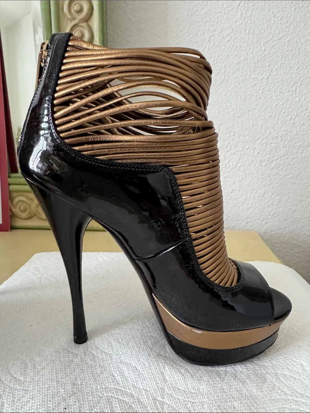 Versace Black Patent and Metallic Gold Wrapped Open-Toe Ankle Booties